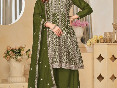 Chinnon Olive Green Embroidered Palazzo Salwar Suit - Emponline Supply