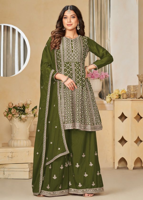 Chinnon Olive Green Embroidered Palazzo Salwar Suit - Emponline Supply