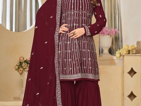 Faux Georgette Maroon Embroidered Gharara Style Suit - Emponline Online now