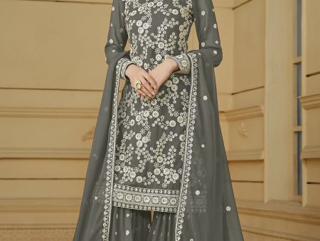 Stone Grey Embroidered Georgette Gharara Style Suit - Emponline Online