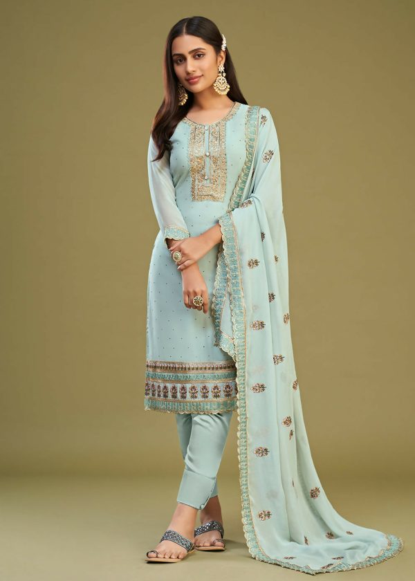 Ice Blue Swarovski Work & Embroidered Eid Wear Salwar Suit - Emponline Supply