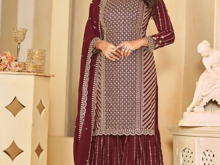 Mesmeric Maroon Faux Georgette Palazzo Suit with Embroidery - Emponline Discount