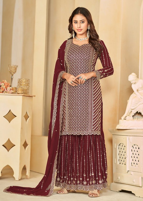 Mesmeric Maroon Faux Georgette Palazzo Suit with Embroidery - Emponline Discount