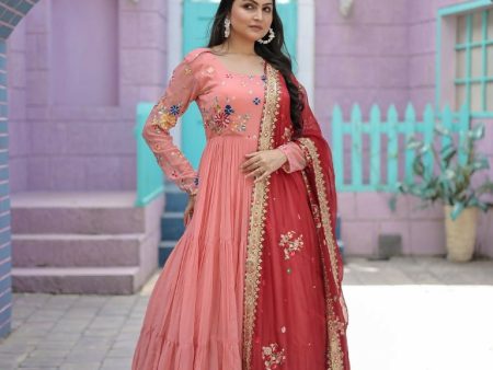 Aastha Fashion Women s Peach Faux Georgette Thread Embroidered Anarkali Dress with Dupatta Discount