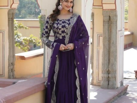 Aastha Fashion Women s Purple Faux Georgette Jacquard with Sequins Embroidered Anarkali Dress with Dupatta Cheap