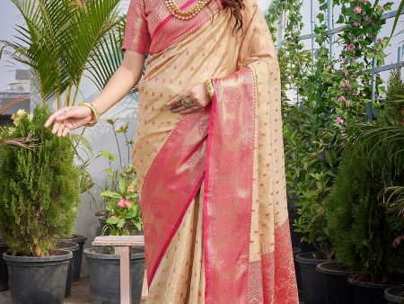 NOZ2TOZ Women s Party Wear Weaving Work Zarna Silk Saree with Un Stitched Blouse - Cream Online now