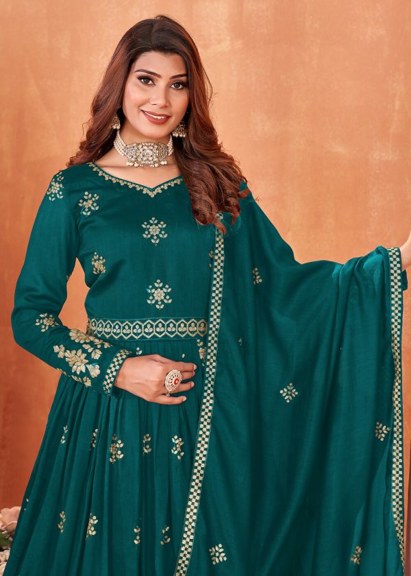 Rama Green Festive Embroidered Art Silk Anarkali Suit - Emponline For Cheap