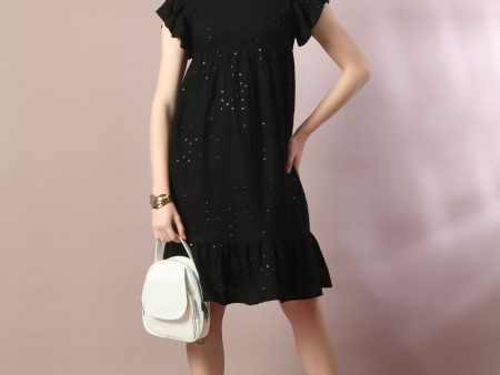 Myshka Women s Black Embroidered Cotton Round Neck A-Line Party Dress Fashion