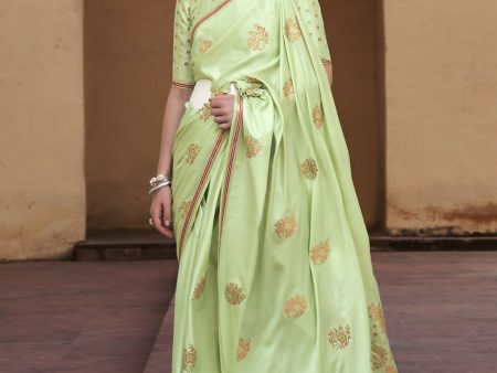 Sprout Green Pure Satin Zari Weaving Wedding Festive Saree - Emponline For Cheap