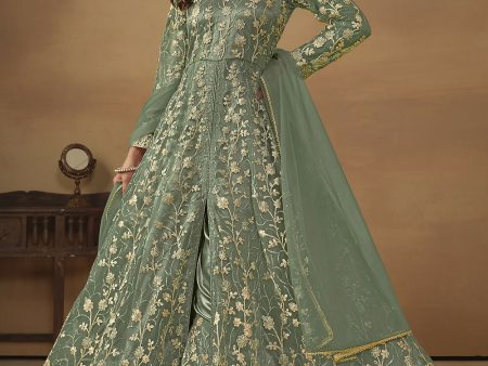 Pant Style Sage Green Embroidered Net Wedding Anarkali Suit - Emponline For Discount