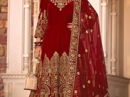 Maroon Velvet Front & Back Embroidery Wedding Anarkali Suit - Emponline For Discount