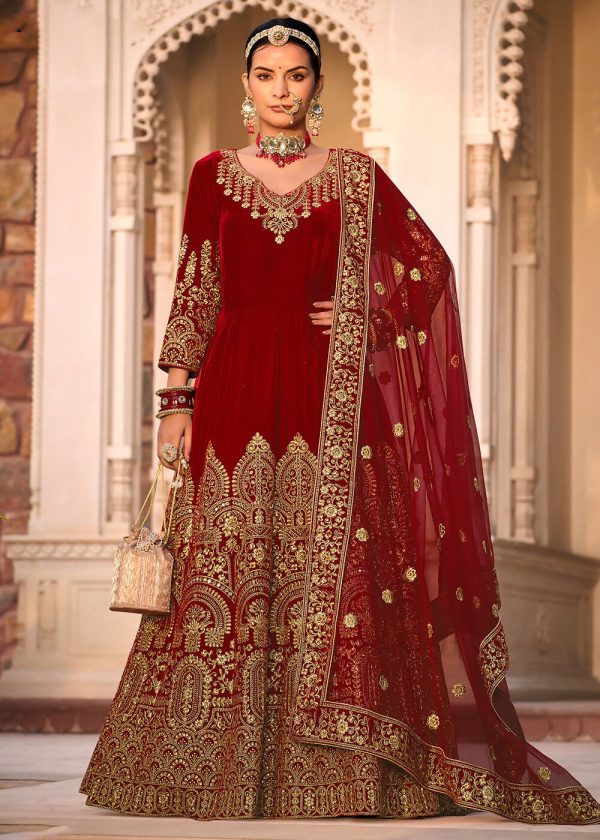 Maroon Velvet Front & Back Embroidery Wedding Anarkali Suit - Emponline For Discount