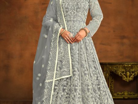 Grey All Over Embroidered Net Wedding Anarkali Suit - Emponline Hot on Sale