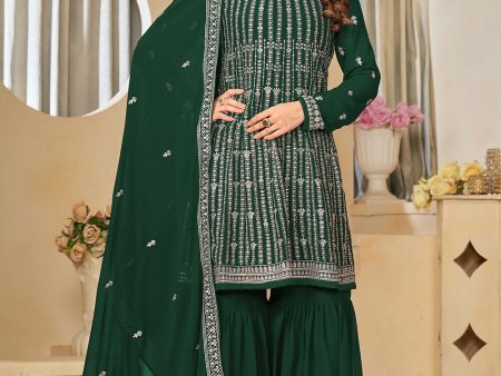 Faux Georgette Green Embroidered Gharara Style Suit - Emponline For Sale