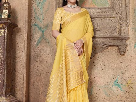 NOZ2TOZ Women s Party Wear Weaving Work Linen Saree with Un Stitched Blouse - Yellow For Discount