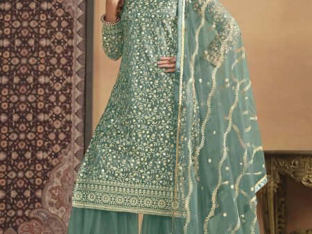 Net Mint Green Embroidered Festive Gharara Style Suit - Emponline Sale