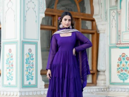 Aastha Fashion Women s Purple Faux Georgette 5 Layer Frill Work Anarkali Dress with Dupatta Online