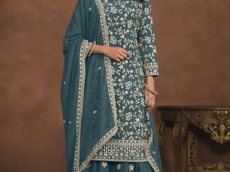 Faux Georgette Teal Blue Embroidered Festive Salwar Suit - Emponline For Cheap