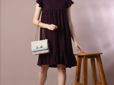 Myshka Women s Violet Embroidered Cotton Round Neck A-Line Party Dress on Sale