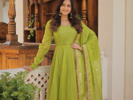 Aastha Fashion Women s Green Russian Silk Kali Pattern Work in Flair Anarkali Dress with Dupatta Supply