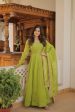 Aastha Fashion Women s Green Russian Silk Kali Pattern Work in Flair Anarkali Dress with Dupatta Supply