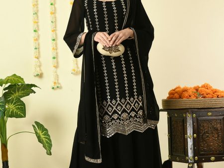 Myshka Women s Black Georgette Kurta & Skirt With Dupatta Party Sets For Discount