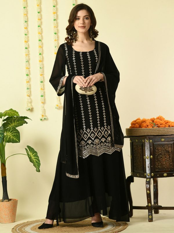 Myshka Women s Black Georgette Kurta & Skirt With Dupatta Party Sets For Discount