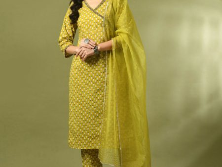 Myshka Women s Yellow Printed Cotton Straight Party Kurta Set With Dupatta on Sale