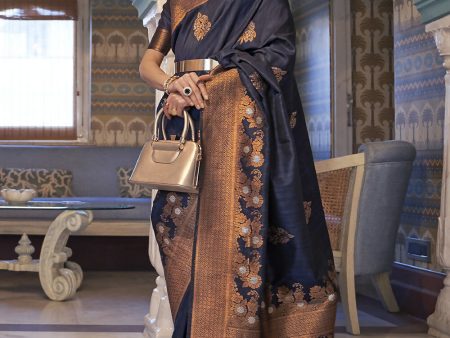 Navy Blue Tussar Banarasi Silk Designer Saree - Emponline Sale