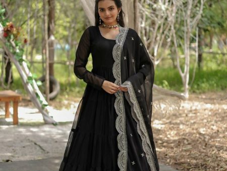 Aastha Fashion Women s Black Faux Georgette Frill Work Anarkali Dress with Dupatta For Sale