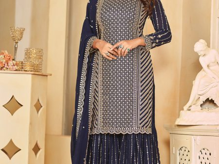 Mesmeric Blue Faux Georgette Palazzo Suit with Embroidery - Emponline Online