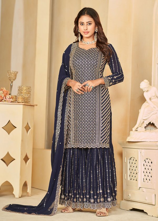 Mesmeric Blue Faux Georgette Palazzo Suit with Embroidery - Emponline Online