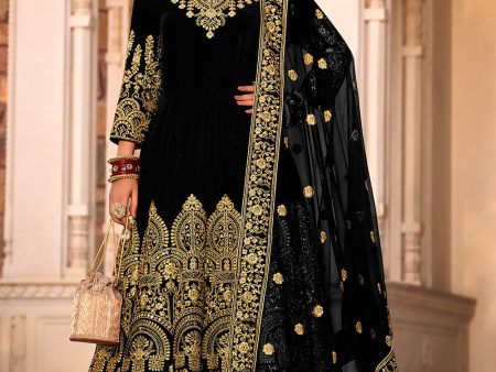 Black Velvet Front & Back Embroidery Wedding Anarkali Suit - Emponline Online