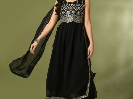 Myshka Women s Black Embroidered Georgette Anarkali Party Kurta Set With Dupatta Online Hot Sale