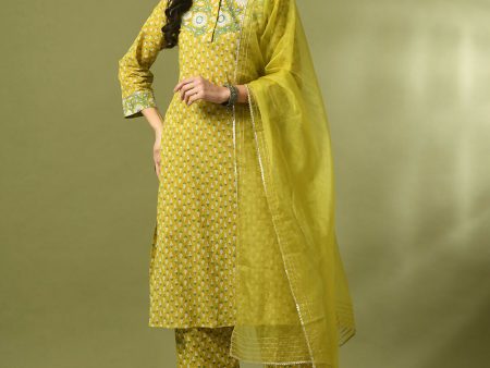 Myshka Women s Yellow Printed Cotton Straight Party Kurta Set With Dupatta For Sale