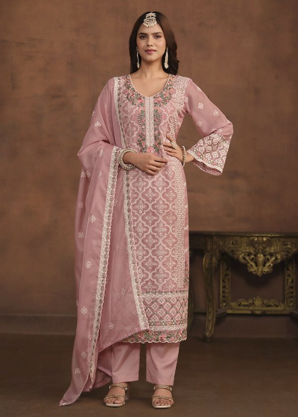 Blush Pink Soft Organza Embroidered Festive Salwar Suit - Emponline Discount