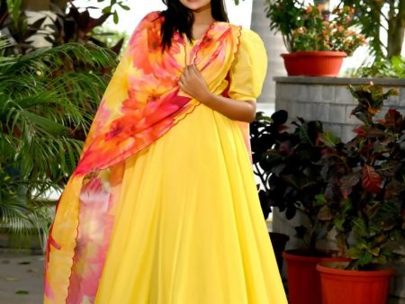 Aastha Fashion Women s Yellow Tebby Silk Anarkali Dress with Dupatta Cheap