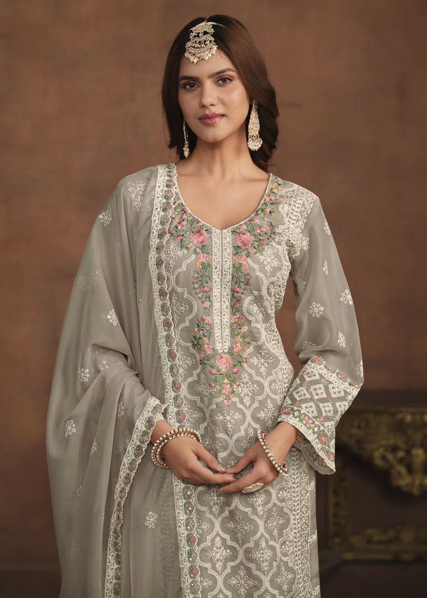 Slate Grey Soft Organza Embroidered Festive Salwar Suit - Emponline For Sale