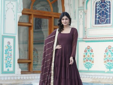 Aastha Fashion Women s Brown Faux Georgette 5 Layer Frill Work Anarkali Dress with Dupatta Online Hot Sale