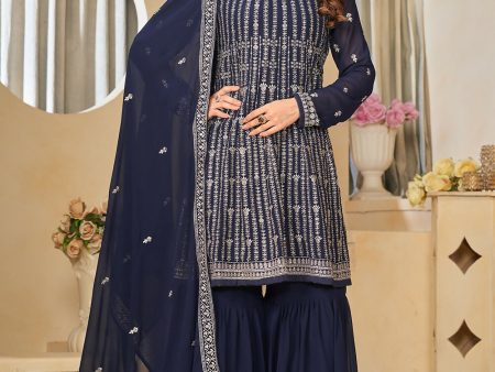 Faux Georgette Blue Embroidered Gharara Style Suit - Emponline Online Sale