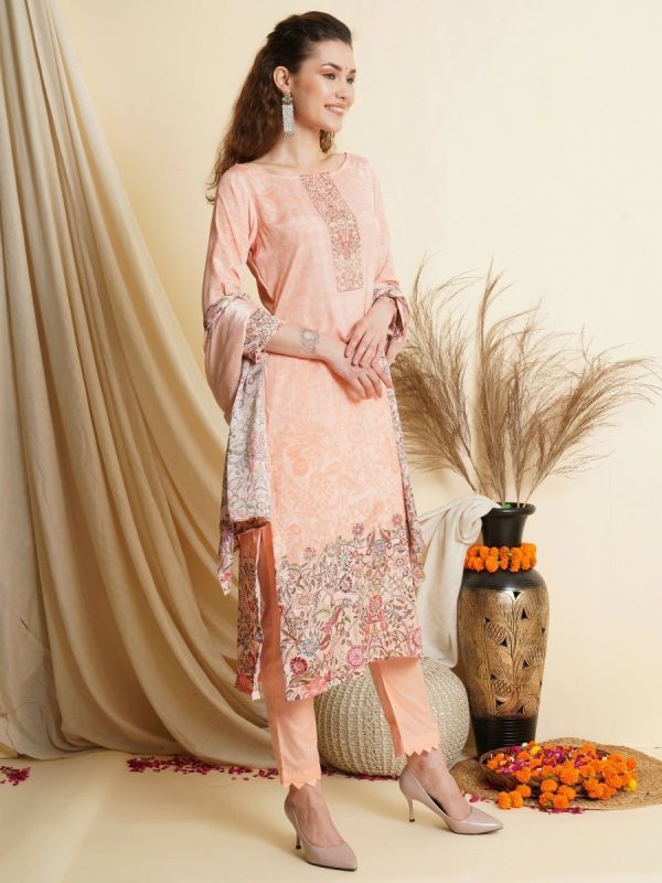 Aastha Fashion Women s Peach Crepe Floral Digital Print with Golden Foil Print Work Designer Straight Suit Set Online Sale