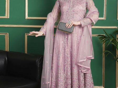 Aastha Fashion Women s Purple Net Floral Resham Thread with Cording & Crystal work Anarkali Dress Set Fashion