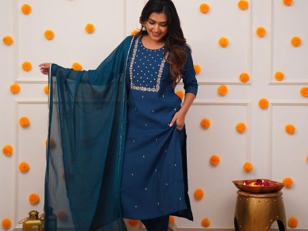 NOZ2TOZ Party Wear Embroidery Worked Kurta With Pant And Dupatta Set - Blue For Discount