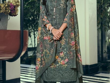 Aastha Fashion Women s Grey Muslin Floral Digital Print with Resham Embroidery & Cutwork Designer Straight Suit Set Cheap