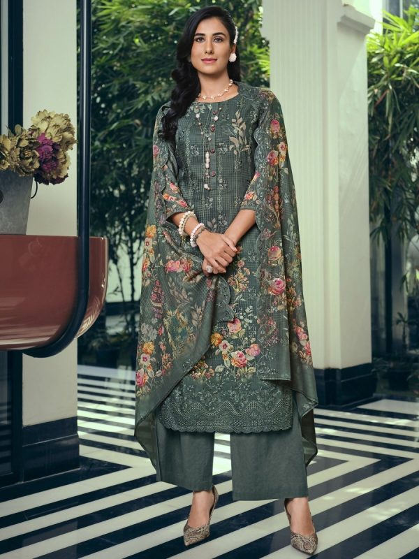 Aastha Fashion Women s Grey Muslin Floral Digital Print with Resham Embroidery & Cutwork Designer Straight Suit Set Cheap