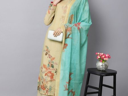 Aastha Fashion Women s Beige Cotton Floral Digital Print with Mirror Work Designer Straight Suit Set For Sale