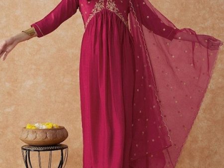 NOZ2TOZ Party Wear Embroidery Worked Kurta With Pant And Dupatta Set - Pink on Sale