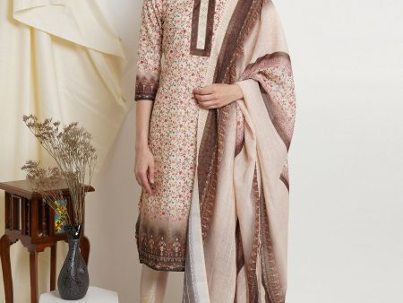 Aastha Fashion Women s Cream Modal Silk Floral Digital Print with Crystal Work Designer Straight Suit Set Cheap