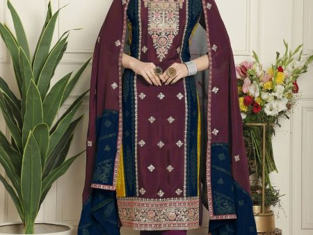 Aastha Fashion Women s Magenta Chinon Chiffon Embroidered Designer Straight Suit Set For Sale