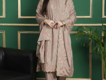 Aastha Fashion Women s Beige Chinon Chiffon Floral Embroidery with Cording & Crystal Work Designer Straight Suit Set Online